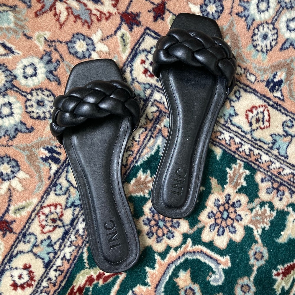 Black braided flat slide sandals